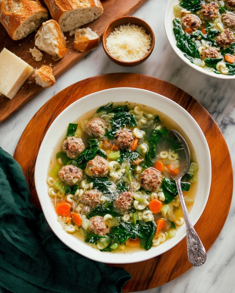 A white pot filled with clear broth soup containing several small brown meatballs, bright green spinach leaves, small round white pasta pearls, diced orange carrots, and light green celery pieces. A metal ladle scoops some soup showing a mix of meatballs, spinach, pasta, carrot, and celery pieces. The soup looks fresh and colorful, with the ingredients floating in the clear broth. The background is a white marbled surface. photo taken with an iphone --ar 4:5 --v 7
