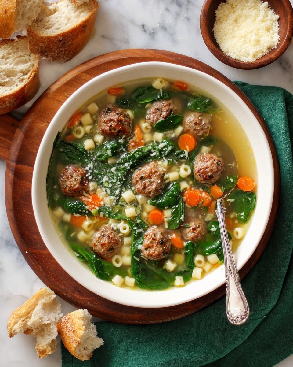 A white bowl filled with clear broth soup containing small brown meatballs, bright orange carrot pieces, green spinach leaves, small off-white round pasta, and diced light green celery, with a vintage silver spoon resting inside the bowl on the right side. The bowl sits on a wooden board with a green cloth beneath it, and next to the bowl are pieces of torn rustic bread and a small wooden bowl of grated cheese. The background surface is white marble. Photo taken with an iphone --ar 4:5 --v 7