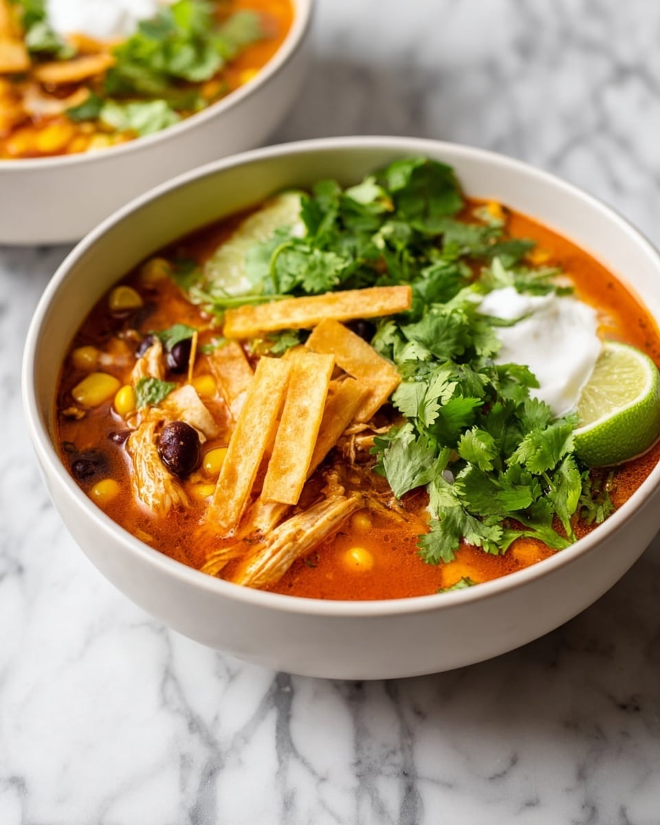 A white bowl filled with orange-red soup that has visible pieces of yellow corn, black beans, and shredded chicken resting in the broth. On top are golden crispy strips placed in the middle, a dollop of white sour cream slightly to the right, a fresh green lime wedge on the far right edge, and a bunch of bright green cilantro leaves sitting on top of everything. The bowl is set on a white marbled surface. Another similar bowl is blurred in the background photo taken with an iphone --ar 4:5 --v 7