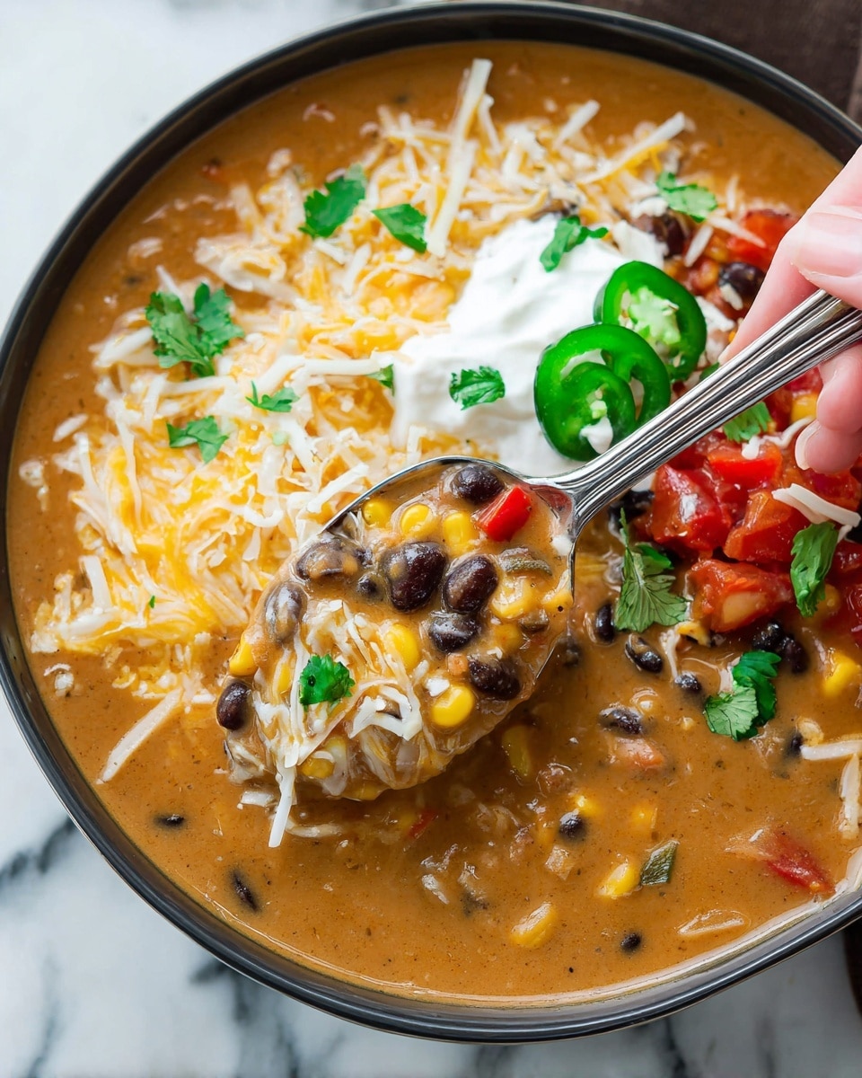 A black bowl filled with thick orange-brown soup containing beans and corn fills most of the image. On top, there are four layered toppings arranged in vertical strips from left to right: small red bell pepper cubes with tiny green cilantro pieces, a mix of yellow and white shredded cheese, light beige crushed chips, and slices of green jalapeño pepper. The bowl is placed on a wooden board with some scattered chopped herbs and a few red tomatoes nearby. The scene has a white marbled background. photo taken with an iphone --ar 4:5 --v 7