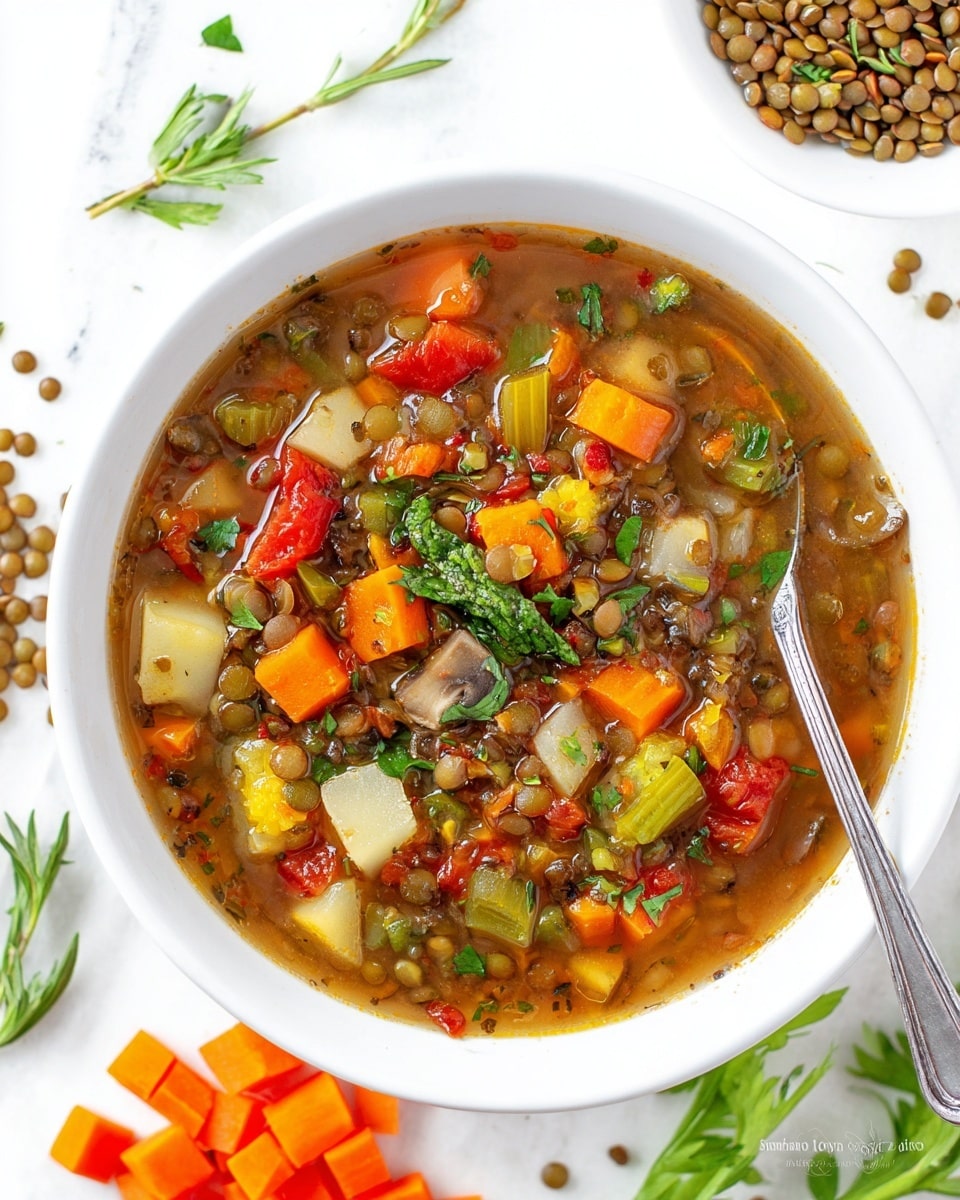 A close-up image of a large white pot filled with colorful vegetable soup. The soup has a clear broth with layers of diced orange carrots, green spinach leaves, yellow lentils, light brown mushroom slices, white potato cubes, translucent onion pieces, red tomato chunks, and small green bits of herbs. A silver ladle lifts a portion of the soup showing all these ingredients in detail, with the colors and textures mixing together. The pot sits on a white marbled surface. photo taken with an iphone --ar 4:5 --v 7