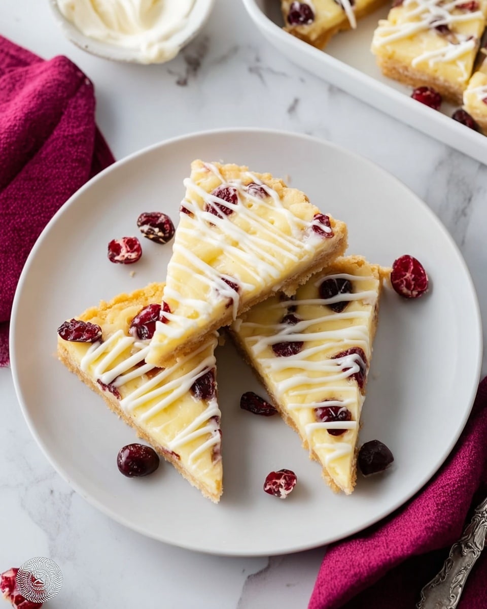 The image shows three triangular pieces of a dessert bar on a white plate, each with a golden crust base, a creamy yellowish filling on top, and scattered dark red dried cranberries embedded and resting on the surface. White icing is drizzled over the top of all the pieces in a crisscross pattern. A few extra dried cranberries are placed beside the bars on the plate. The plate sits on a white marbled surface, and in the background, part of a rectangular white dish with additional dessert pieces and a silver spoon with cream can be seen, alongside a folded dark pink cloth. Photo taken with an iphone --ar 4:5 --v 7