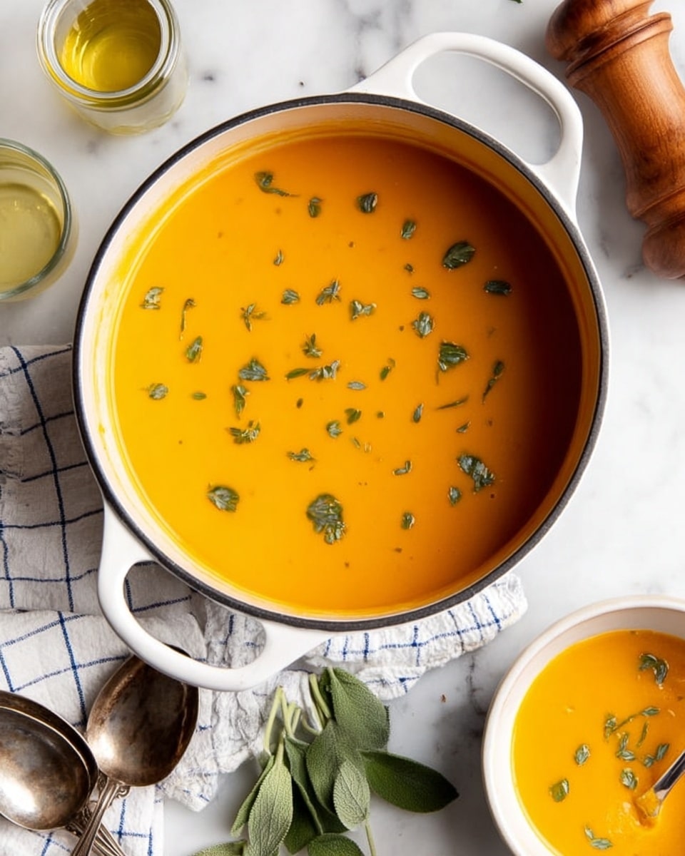 A large white pot filled with smooth, bright orange soup, topped with small green herb pieces scattered across the surface. Near the pot, there is a small white bowl also holding some of the same orange soup with a spoon inside. The pot sits on a white marbled surface with a blue and white checked cloth nearby. Around the pot, there are green leaves, a small glass jar of oil, and a light wooden pepper grinder. photo taken with an iphone --ar 4:5 --v 7