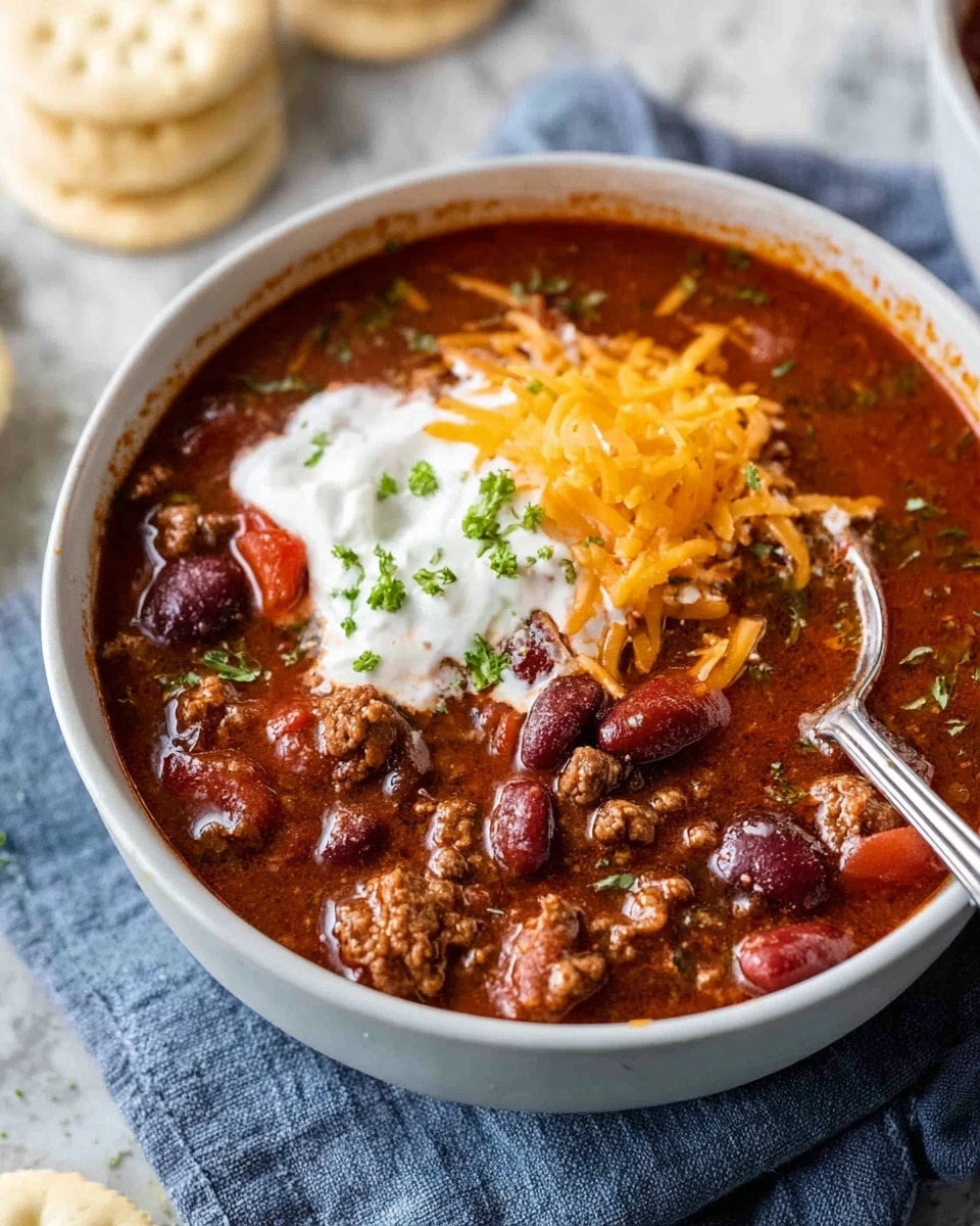 A white bowl filled with rich, dark red chili that has visible layers of ground meat, kidney beans, chopped tomatoes, and herbs. On top, there is a dollop of white sour cream with small green garnishes and a small pile of bright orange shredded cheddar cheese. A silver spoon rests inside the bowl. The bowl is set on a blue cloth with a couple of white crackers in the background, all placed on a white marbled surface. Photo taken with an iphone --ar 4:5 --v 7