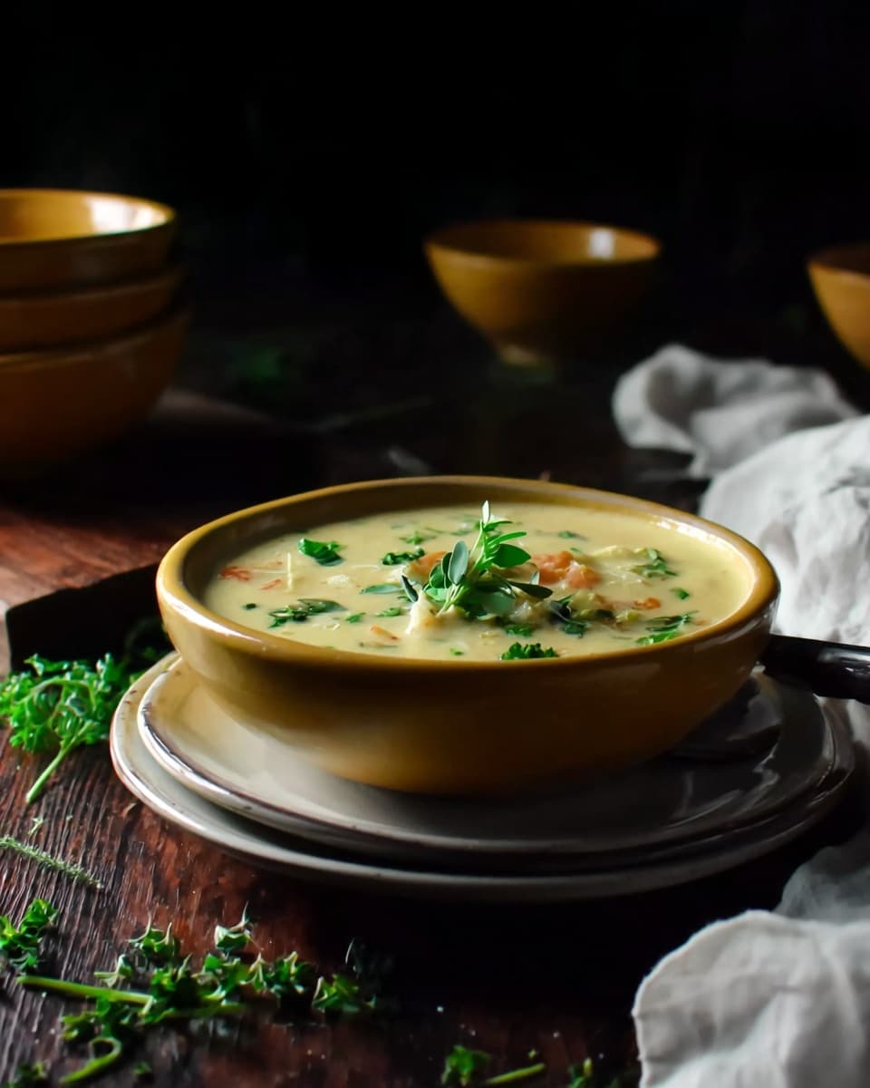A yellow bowl filled with creamy soup featuring visible chunks of ingredients is placed on a stack of three white plates. A small green herb sprig rests on top of the soup as garnish. The bowl is centered on a dark wooden surface scattered with fresh green herbs. In the background, two empty yellow bowls blend into the dim lighting against a black backdrop. A white cloth is partially visible on the right edge, adding a soft touch to the scene. photo taken with an iphone --ar 4:5 --v 7