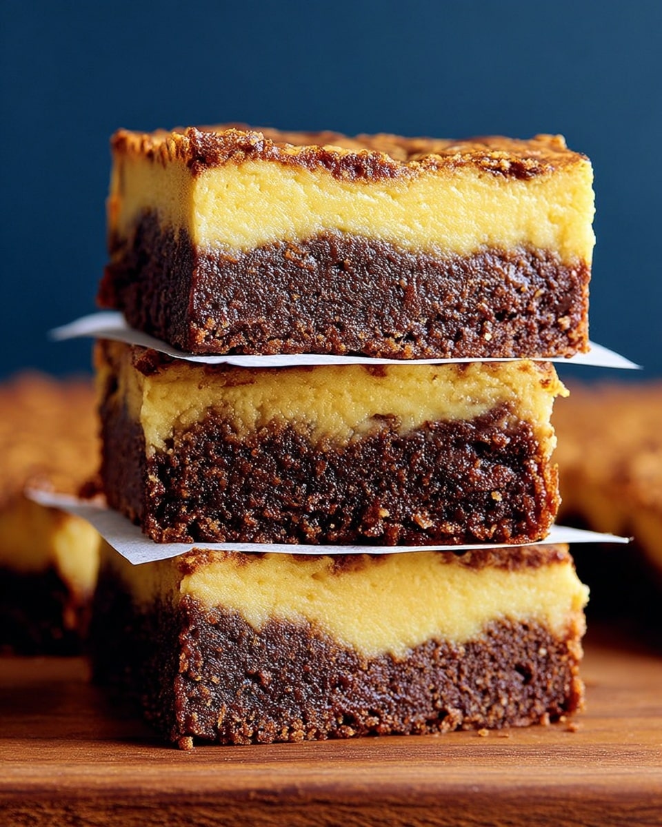 The image shows three stacked square pieces of a two-layer dessert. Each piece has a dark brown bottom layer with a dense and slightly crumbly texture, and a lighter top layer in a golden-yellow color with a smooth and creamy texture. Between each piece, a thin white parchment separates the layers, and the stack sits on a brown wooden surface. The background is a solid dark blue color. photo taken with an iphone --ar 4:5 --v 7