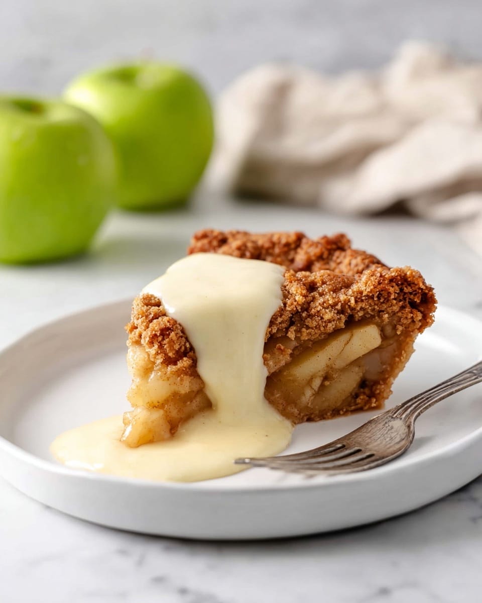 A slice of apple pie sits in the center of a white plate on a white marbled surface, showing two layers: a golden brown crumbly crust on top and a warm filling of cooked apple pieces mixed with a soft, textured base underneath. Creamy pale custard sauce flows thickly over the top right side of the slice, pooling slightly on the plate. In front of the plate lies a silver fork. In the blurred background, two green apples and a beige cloth add a soft, calm touch. photo taken with an iphone --ar 4:5 --v 7