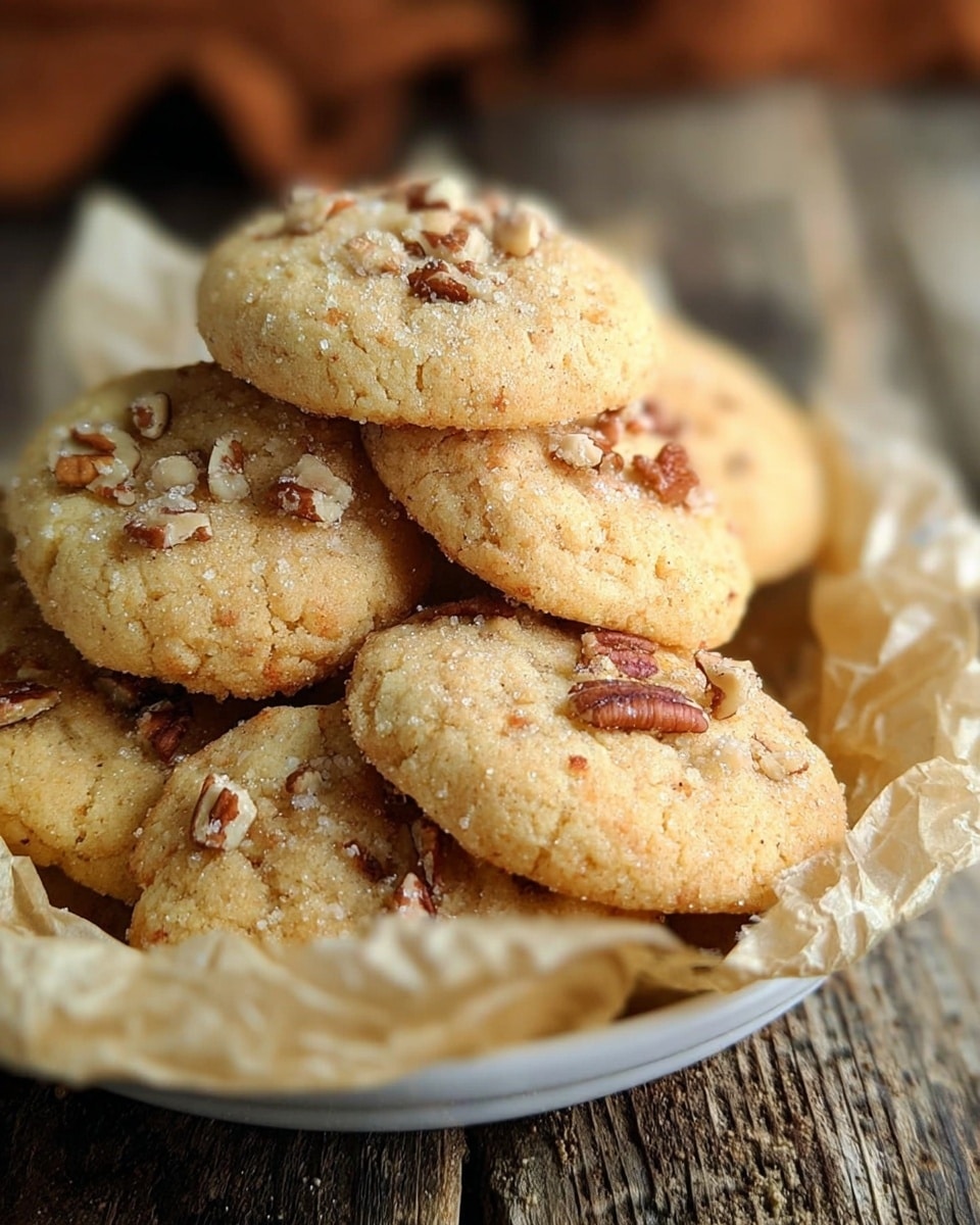 The image shows a white bowl filled with many round cookies, each topped with small pieces of chopped nuts scattered unevenly on the surface. The cookies are light golden brown in color with a soft texture, and they rest on brown parchment paper inside the bowl. The background is a white marbled texture, creating a clean and bright setting for the cookies. Photo taken with an iphone --ar 4:5 --v 7