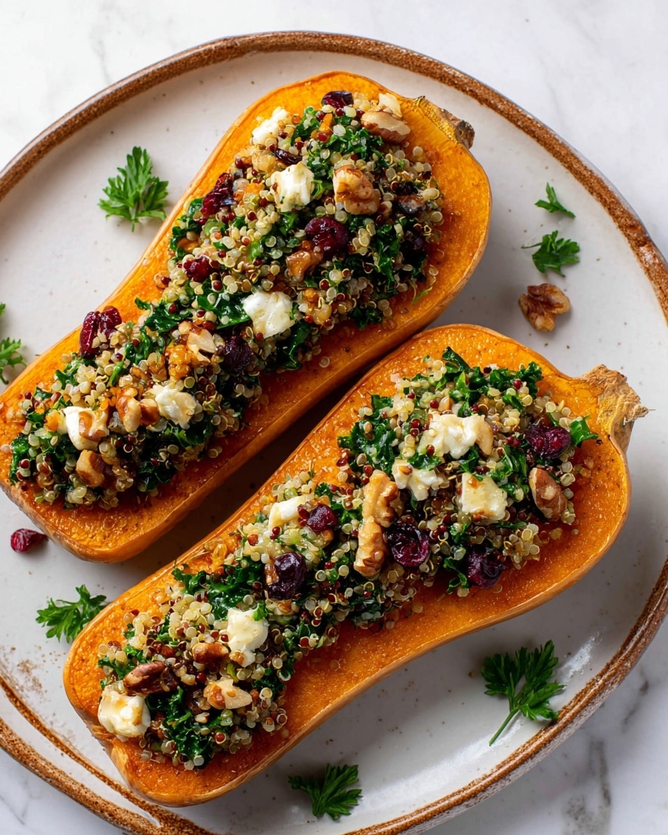 The image shows two halves of a roasted orange butternut squash, each filled with a colorful mixture of quinoa, green leafy vegetables, lentils, chopped nuts, white cheese chunks, and dark red dried cranberries. The squash halves have a smooth, slightly shiny texture and are placed on a white marbled surface. Fresh green parsley leaves are scattered around the squash, adding contrast to the warm colors of the dish. The filling is well packed and layered evenly inside each squash half, creating a vibrant and textured look. photo taken with an iphone --ar 4:5 --v 7
