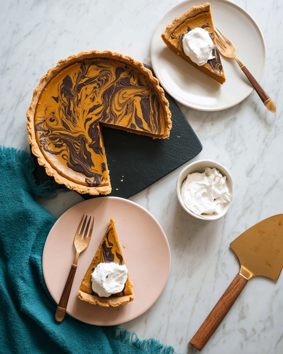The image shows a pumpkin pie with a golden brown crust, filled with a smooth orange pumpkin layer that has dark chocolate swirls on top, creating a marbled effect. One slice is removed and placed on a white plate at the top, with a dollop of whipped cream and a fork with a wooden handle next to it. Another slice is on a second white plate at the bottom left, also with whipped cream and a fork. In the center, there is a small cup filled with whipped cream. The pie is on a black serving board on a white marbled surface, with a wooden pie server to the right and a teal cloth napkin at the bottom left. Photo taken with an iphone --ar 4:5 --v 7