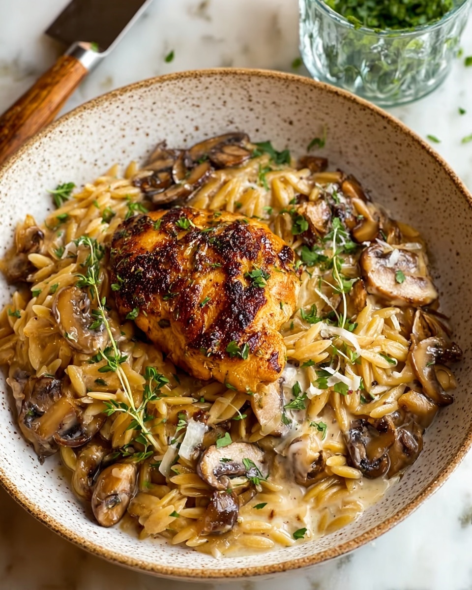 The image shows a white speckled bowl filled with a creamy dish of orzo pasta and sautéed mushrooms mixed with caramelized onions in a rich cream sauce. On top of the pasta lies a single golden-brown piece of grilled chicken with a slightly charred texture, garnished with fresh green herbs scattered around for color contrast. The bowl sits on a white marbled surface, and in the background there is a clear glass with chopped green herbs and part of a knife's handle visible. photo taken with an iphone --ar 4:5 --v 7