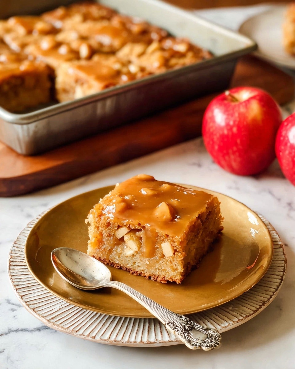 A single square piece of moist apple cake with a light brown color and small apple chunks inside sits on the top of a golden brown round plate, which is stacked over a white textured plate. The cake has a sticky glaze spread unevenly on top, giving it a shiny look. Next to the cake on the plate is a silver spoon with detailed engravings on its handle. In the background, a metal square baking tray with more pieces of the same cake inside is visible, and two bright red apples rest nearby on a wooden board. The scene is set on a white marbled textured surface. Photo taken with an iphone --ar 4:5 --v 7
