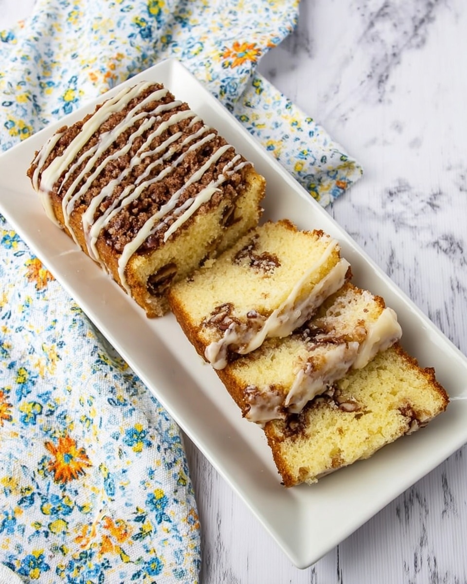A white rectangular plate holds three pieces of cake. One piece is whole with a brown, crumbly top layer drizzled with light cream-colored icing in thin lines. Next to it, two slices show the inside layers: a soft yellow cake with swirls of dark brown filling and bits of nuts, topped again with light cream icing drizzled thinly. The plate is set on a white marbled surface next to a white cloth with blue, yellow, and orange floral patterns. photo taken with an iphone --ar 4:5 --v 7