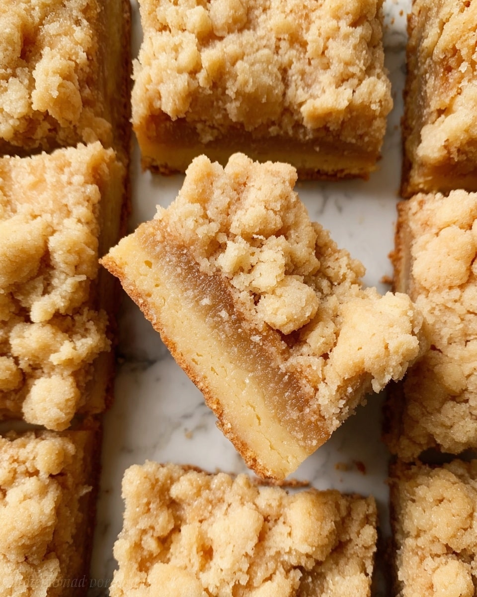 The image shows a close-up view of several crumbly dessert squares laid out closely together on a white marbled surface. Each square has two visible layers: a thick, light golden brown base layer with a dense, slightly coarse texture, and a top layer of uneven, chunky, crumbly topping that is a lighter beige color, creating a rough, bumpy surface. One square is lifted slightly above the others, revealing the thickness and texture of both layers clearly. The crumbly topping has some small chunks and an irregular shape with a matte finish. photo taken with an iphone --ar 4:5 --v 7