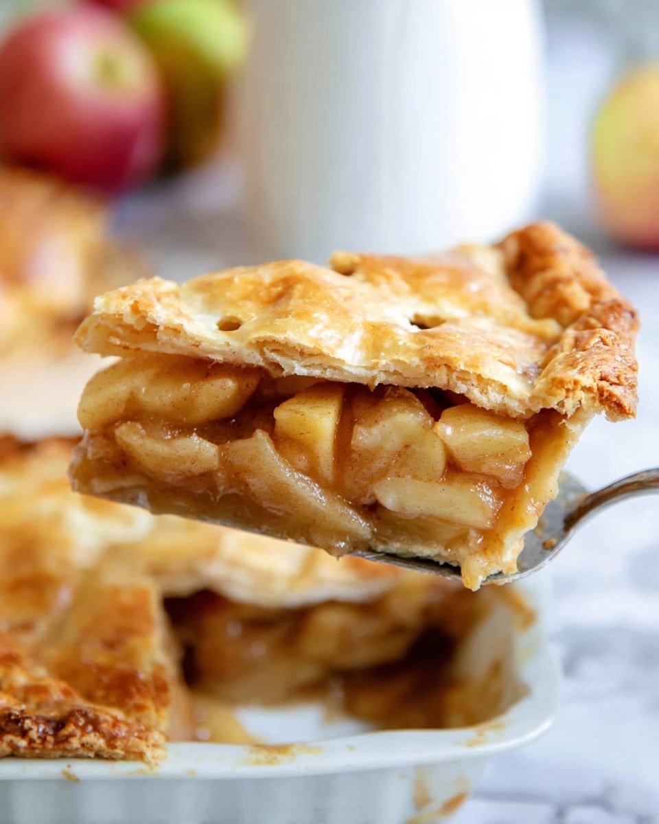 The image shows a slice of apple pie being lifted above the rest of the pie in a white dish. The pie has two layers of golden brown, flaky crust on the top and bottom. Between the crusts, there is a thick layer of sliced apples mixed with a light cinnamon-colored sauce, which looks soft and juicy. The top crust has some small holes for ventilation and a slightly glossy finish. The background features a white marbled texture with blurred apples and a white container visible. The slice is supported by a metallic spatula, and a woman's hand is holding it. photo taken with an iphone --ar 4:5 --v 7