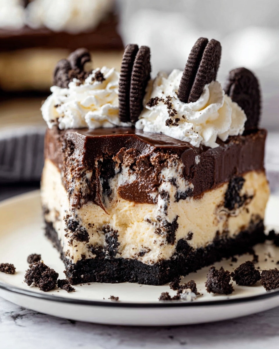 The image shows a multi-layered Oreo cheesecake with a thick dark chocolate cookie crumb crust at the bottom. Above the crust is a creamy white cheesecake layer mixed with crushed Oreo pieces. On top of the cheesecake is a smooth, shiny dark chocolate ganache layer decorated with a generous amount of crushed Oreo cookies. White whipped cream rosettes circle the outer edge of the cake, each topped with small dark chocolate crumbs. The cake is on a white marbled surface. A slice is taken out, showing the layers clearly. Photo taken with an iphone --ar 4:5 --v 7