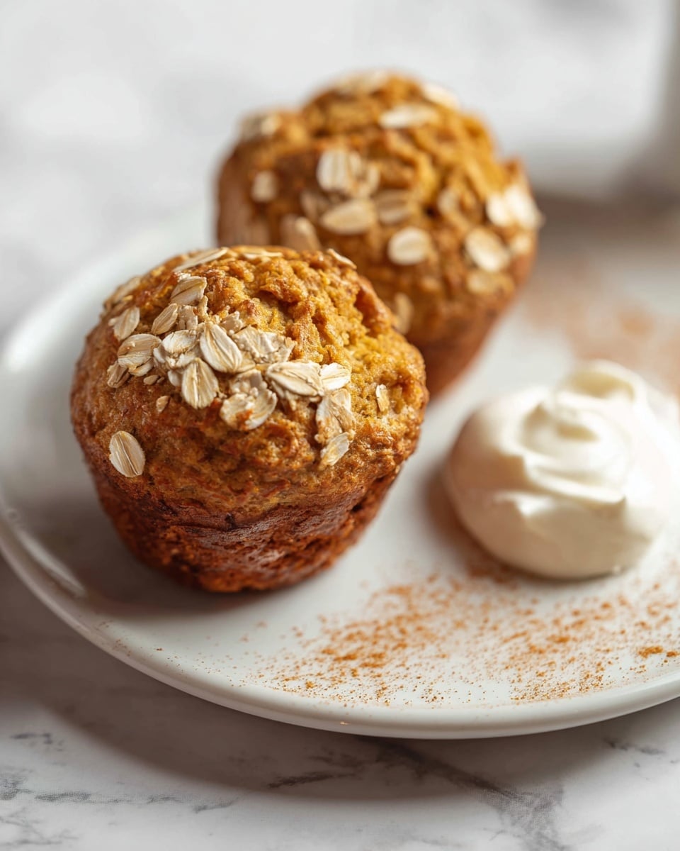 Two oat-topped muffins sit close together on a white plate with a light sprinkle of cinnamon. The muffins have a golden-brown color with visible oats on top and a soft, spongy texture inside. Next to them is a small dollop of white cream, slightly blurred in the background. The plate rests on a white marbled surface. photo taken with an iphone --ar 4:5 --v 7