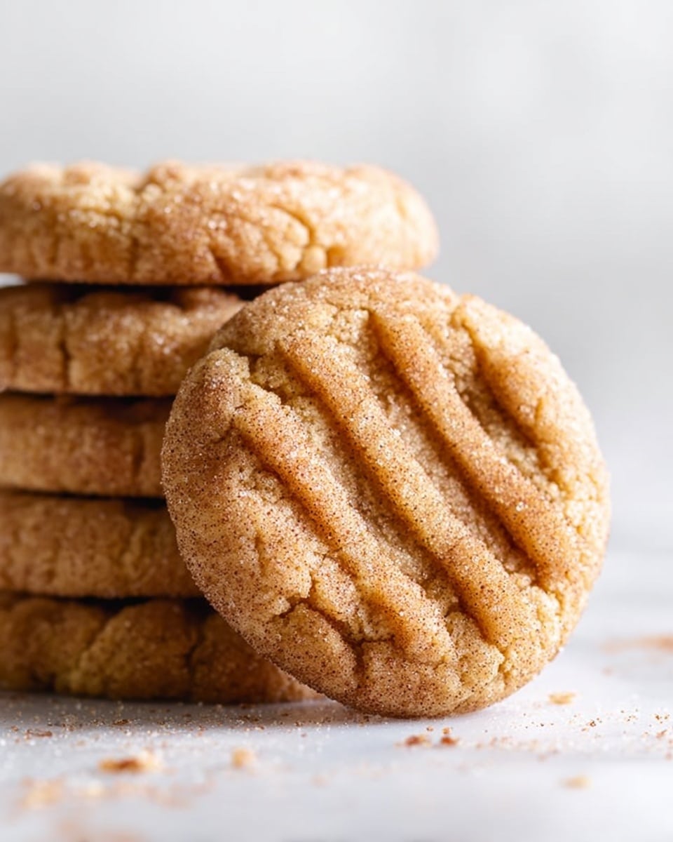 A close-up view of a single round cookie leaning against a stack of similar cookies in the background. The cookie has a light brown color with a textured surface covered in fine sugar and cinnamon, showing three parallel fork marks pressed into the top. The stack behind the cookie shows about six more cookies, all uniform in size and color. The cookies rest on a white marbled surface with a few crumbs scattered around, and a soft white background behind. Photo taken with an iphone --ar 4:5 --v 7