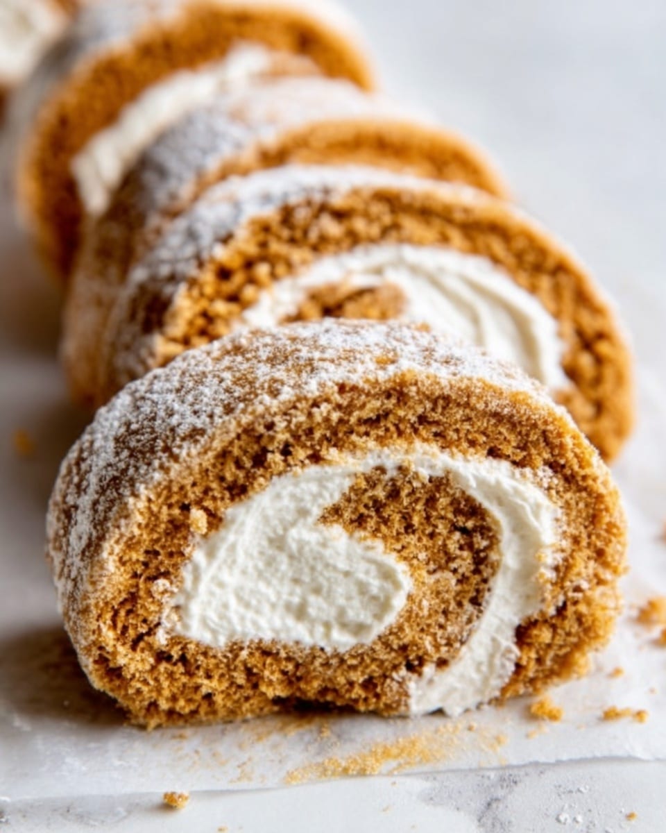 The image shows a close-up of multiple slices of a rolled cake on white parchment paper over a white marbled surface. Each slice features two main layers: a light brown, soft and spongy outer layer with a textured surface, and a thick, creamy white filling swirled inside. The filling is smooth and fluffy, creating a contrast with the slightly crumbly cake. Some powdered sugar is lightly dusted on the top edges of the outer layer, adding texture and a hint of white color. At the front, one slice is broken open, revealing the creamy inside clearly. The overall color palette includes warm light brown, creamy white, and soft white from the powdered sugar. photo taken with an iphone --ar 4:5 --v 7