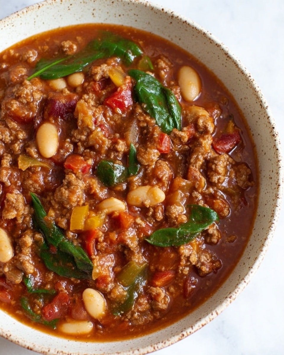 A close-up view of a bowl of thick chili, showing one main layer of chunky texture, filled with brown cooked ground meat, white kidney beans, small red tomato pieces, green spinach leaves, and small diced yellow and red bell peppers. The chili has a reddish-brown sauce binding all the ingredients together. The bowl is white with brown speckles around the edges, placed on a white marbled surface. photo taken with an iphone --ar 4:5 --v 7