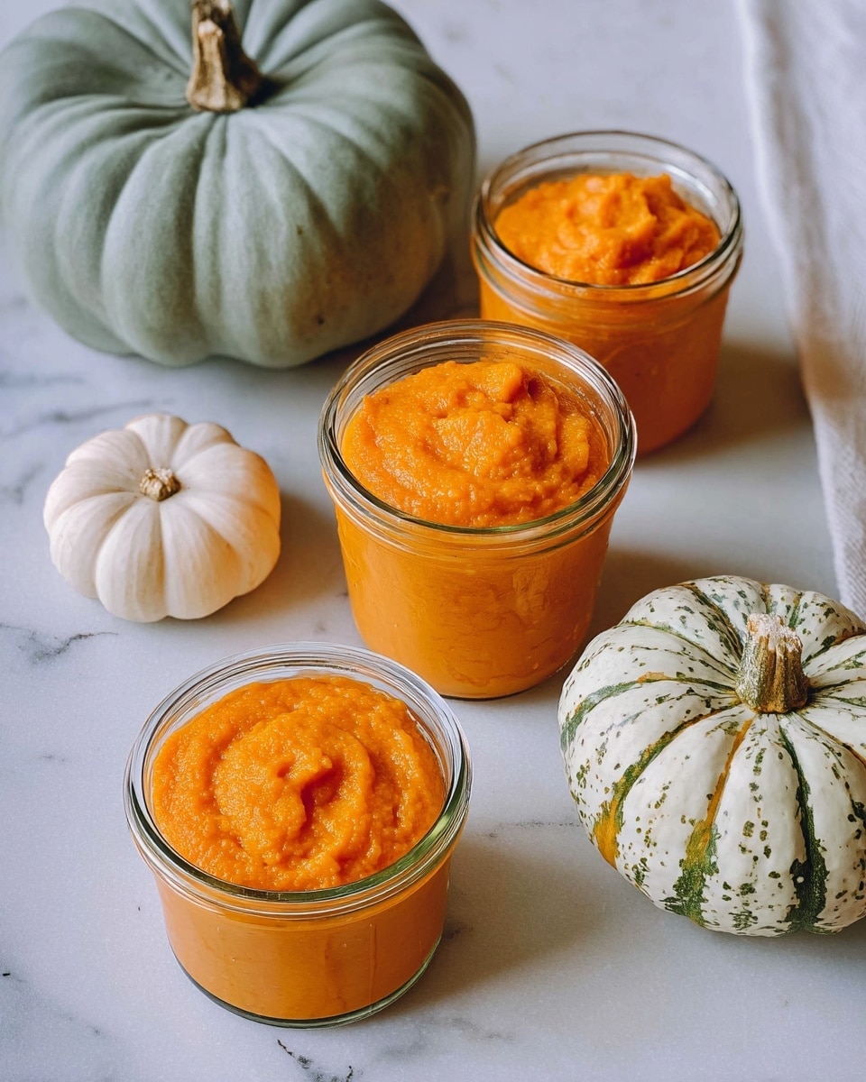 There are three glass jars filled with smooth and creamy bright orange pumpkin puree, each jar having a slightly different texture on top, sitting on a white marbled surface. Around the jars, there are three small pumpkins: one is plain white, one is greenish-gray, and the last one is white with green and orange streaks, creating a cozy autumn feel. photo taken with an iphone --ar 4:5 --v 7