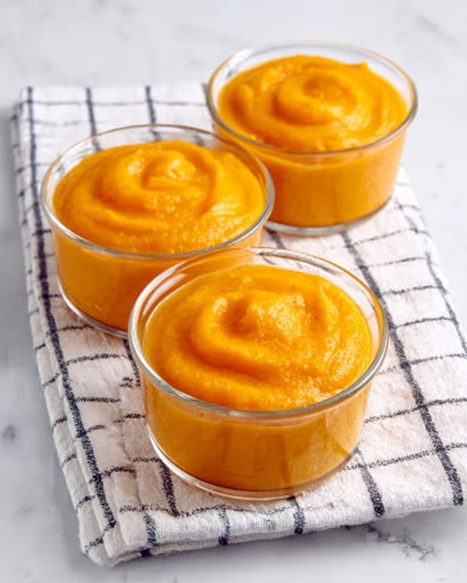 The image shows three clear glass bowls filled with smooth, bright orange pumpkin puree. The puree has a thick, creamy texture with gentle swirls on the surface of each bowl. The bowls are placed on a white marbled surface covered partly by a white towel with dark checkered lines. The scene is simple and bright, highlighting the rich color and smoothness of the pumpkin puree. Photo taken with an iphone --ar 4:5 --v 7