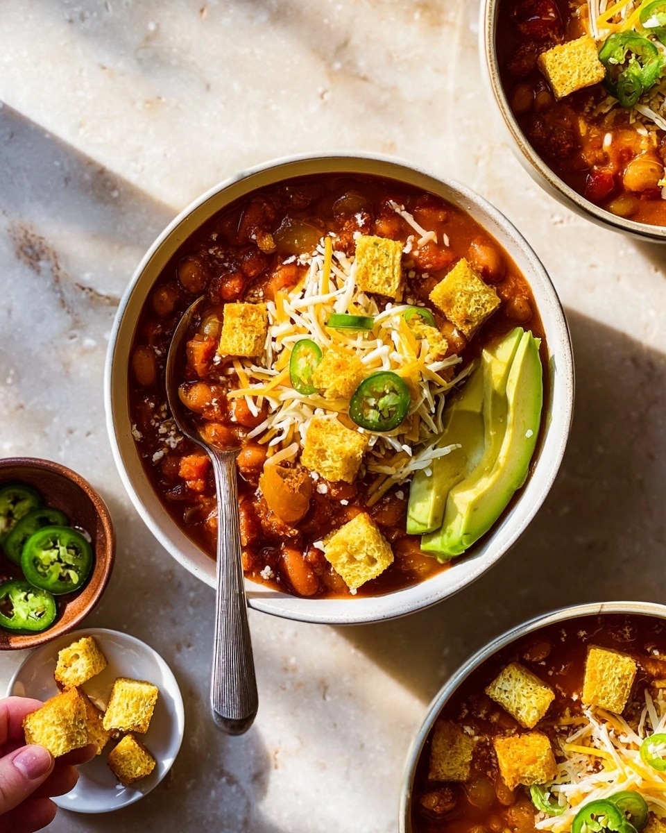The image shows a white bowl filled with thick chili that has a reddish-brown sauce mixed with orange and red pieces, likely vegetables and beans. On top of the chili, there are bright yellow croutons, thin slices of green jalapeño, white shredded cheese, and a slice of green avocado. A silver spoon is placed inside the bowl. The bowl is on a white marbled surface, with another white bowl to the right partly visible, also filled with chili and topped the same way. Nearby, there is a small white plate holding extra croutons and a brown small bowl with sliced jalapeños. A woman's hand with a spoon is placed inside the main bowl. The lighting is natural and soft, highlighting the colors and textures of the dish. photo taken with an iphone --ar 4:5 --v 7