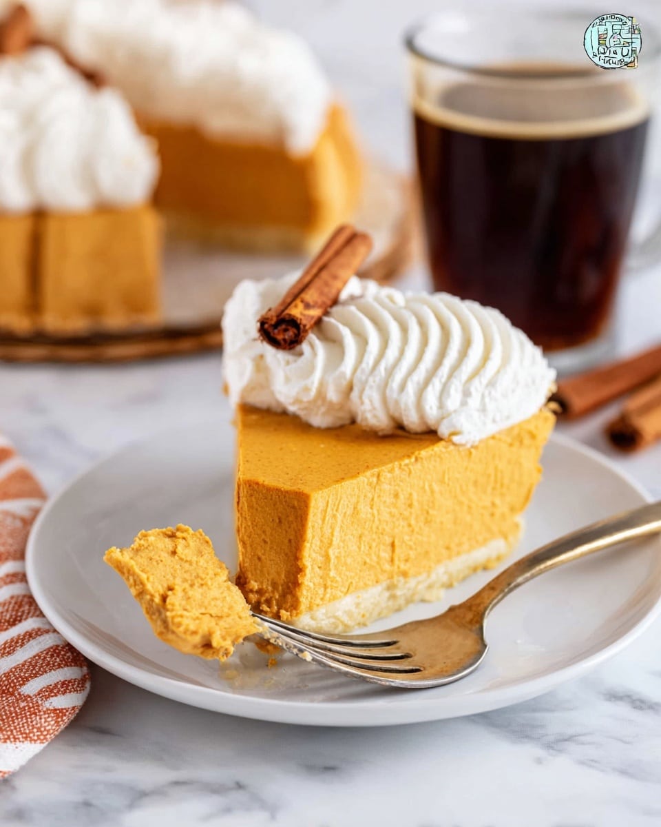 The image shows a slice of pumpkin pie on a white plate placed on a white marbled surface. The pie slice has three visible layers: a thin golden-brown crust at the bottom, a thick smooth orange pumpkin filling in the middle, and white whipped cream swirled on top near the back edge. A brown cinnamon stick rests on the whipped cream. A fork with a piece of the pumpkin filling sits on the plate in front of the pie slice. In the background, the rest of the pumpkin pie with more whipped cream and another clear glass of dark coffee or tea are slightly blurred. photo taken with an iphone --ar 4:5 --v 7