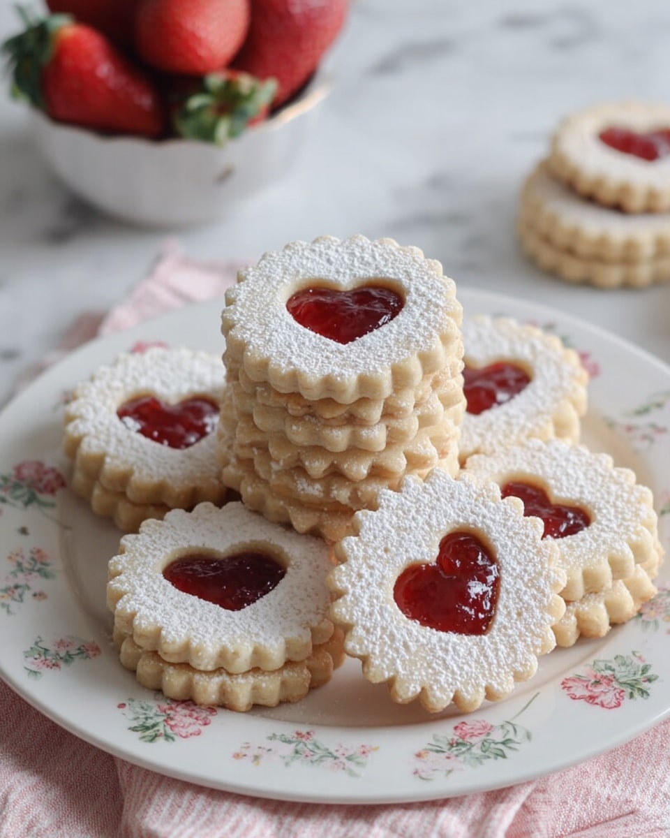 A stack of round, scalloped-edge cookies arranged on a white plate with a delicate floral pattern. Each cookie has two layers: the bottom layer is a light golden color, and the top layer has a small heart-shaped cutout in the center showing red jam filling. The top layer of each cookie is dusted with a fine layer of white powdered sugar. In the background, there is a white bowl with fresh strawberries and a soft pink and white striped cloth beneath the plate, all set on a white marbled surface. The image has soft natural lighting, enhancing the textures of the cookies and the jam photo taken with an iphone --ar 4:5 --v 7