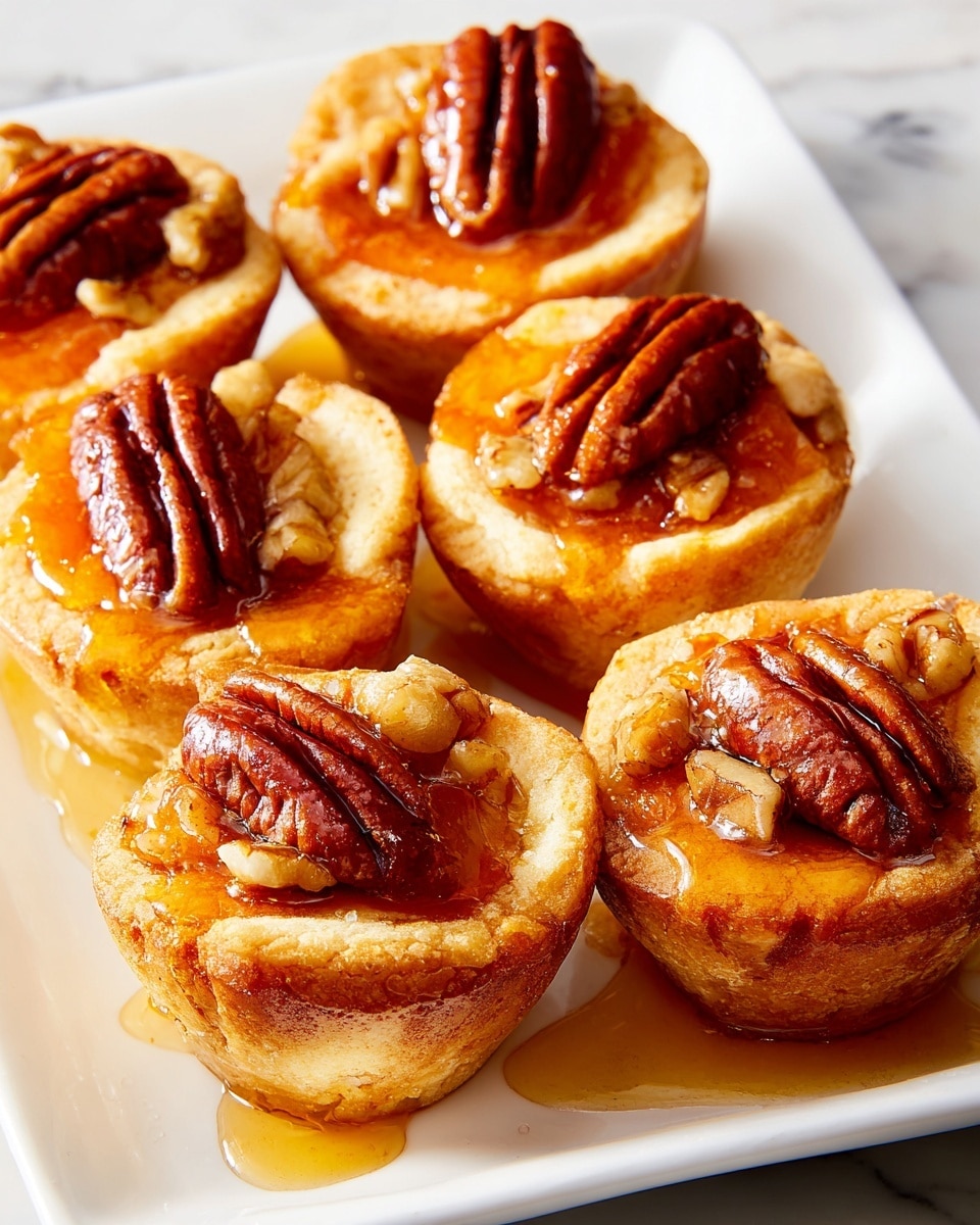 The image shows six small muffin-shaped pastries arranged closely on a white rectangular plate, placed on a white marbled surface. Each pastry has a golden brown crust forming the base and edges, holding a bright orange filling in the center. On top of the filling, there is a whole pecan with a rich brown color, and shiny syrup is drizzled over the pastries and pecans, with some syrup pooling on the plate. The texture of the crust looks flaky and soft, while the filling appears smooth with a slight shine from the syrup. photo taken with an iphone --ar 4:5 --v 7