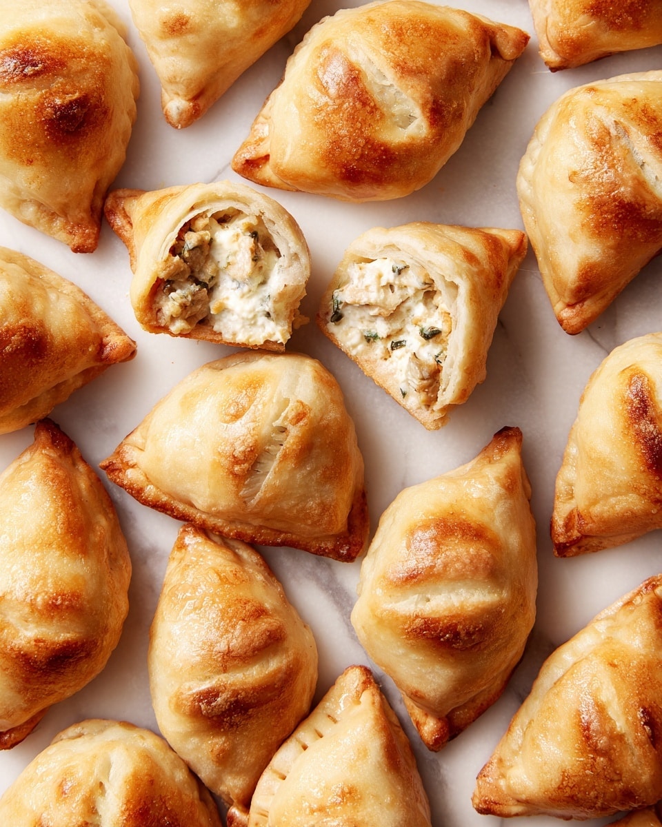 The image shows many small golden brown baked pockets with a folded dough shape on a white marbled surface. Each pocket has a slightly crispy texture with edges pinched together on top, revealing a creamy white and beige filling inside. One pocket is open, showing the soft filling which looks creamy with herbs or small bits inside. The dough is evenly cooked to a light golden color with some darker toasted spots. photo taken with an iphone --ar 4:5 --v 7