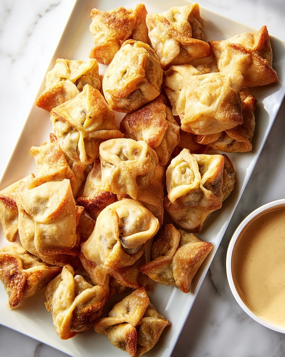 A white rectangular plate holds many small, golden-brown dumplings with a folded, square shape, each filled with a creamy mixture visible at the center where the dough pinches together. The dumplings have a slightly crispy, uneven texture and vary slightly in size, giving a homemade feel. On the right side of the image, a white bowl with a smooth, beige dipping sauce sits on a white marbled surface. The lighting shows the warm color and texture of the dumplings clearly. photo taken with an iphone --ar 4:5 --v 7