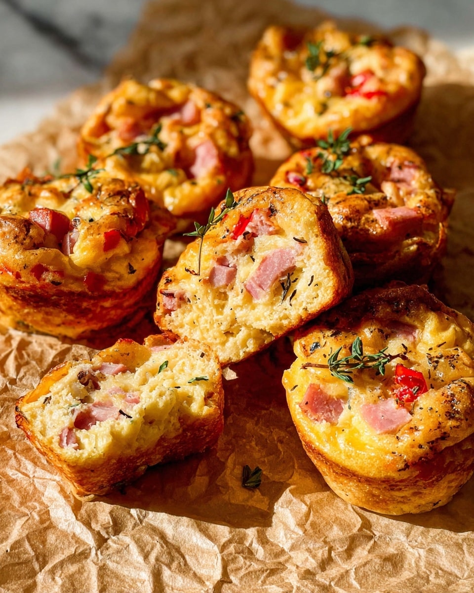 The image shows several small egg cups with a golden brown crust forming a cup shape. Inside each cup, there is a mix of creamy yellow scrambled eggs with pieces of red, likely bacon or ham, and flecks of green herbs, possibly thyme, scattered on top. The eggs look soft and slightly textured, filling the cups fully but not overflowing. The cups rest on crumpled brown parchment paper on a white marbled surface, and the bright sunlight creates warm highlights and shadows that add a cozy feel. Small sprigs of green herbs are scattered around the cups. photo taken with an iphone --ar 4:5 --v 7