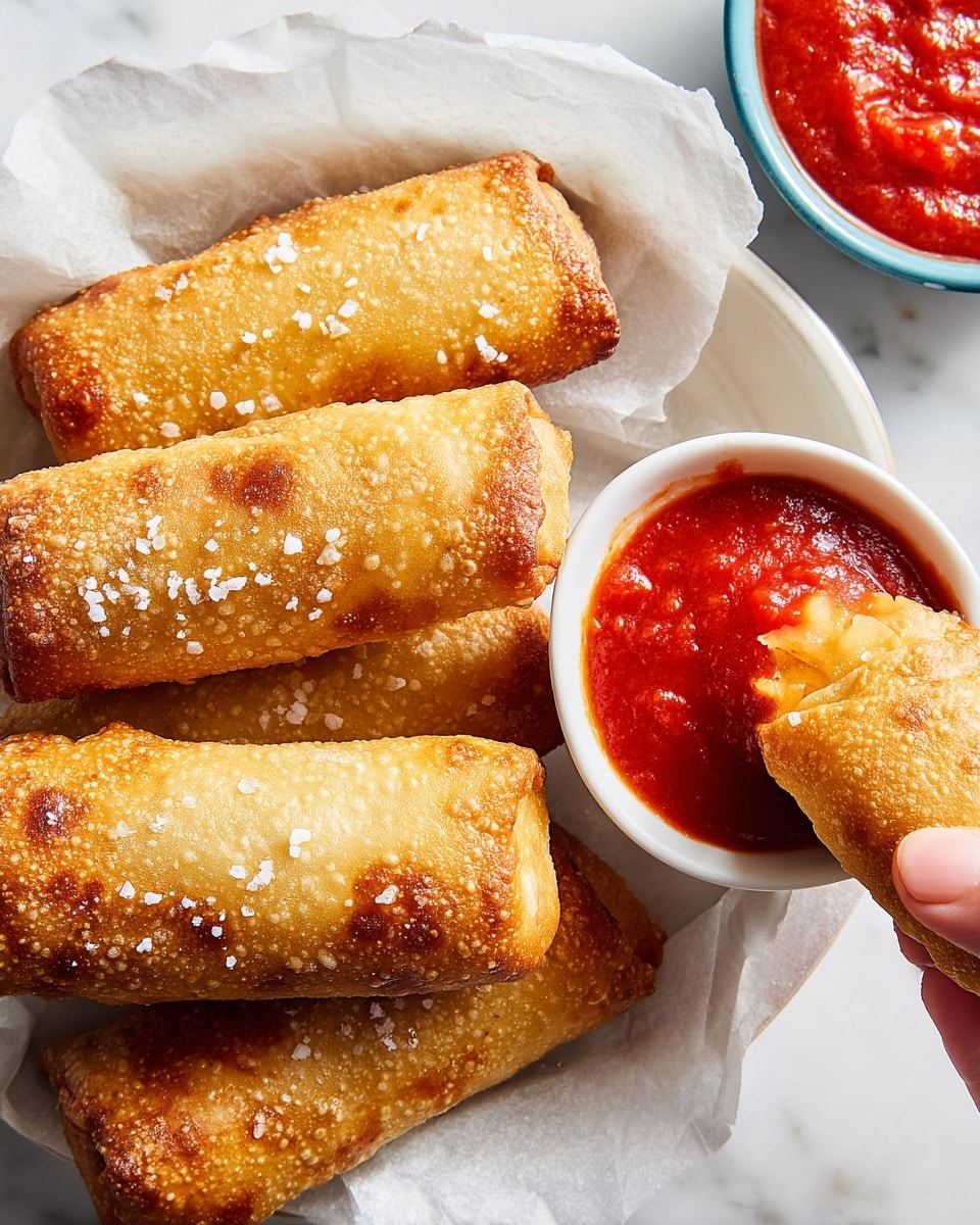 The image shows four golden brown fried rolls with a crispy textured surface sprinkled with coarse salt, arranged closely together on white paper over a white marbled surface. One roll is held by a woman's hand dipping into a small white bowl filled with thick red tomato sauce, which has a slightly chunky texture. The rolls are elongated and evenly browned with small bubbles on the crust, and the coarse salt adds a rough, sparkling detail on top. The overall scene is bright and clean. photo taken with an iphone --ar 4:5 --v 7
