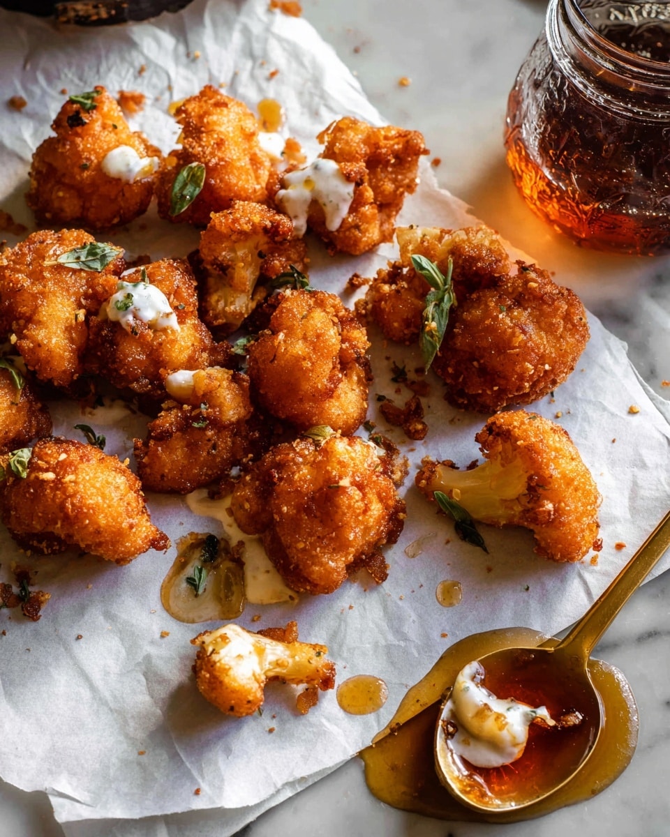The image shows a group of golden brown fried cauliflower florets placed on white parchment paper over a white marbled texture surface. The florets have a crunchy, crispy coating with a few small green herb leaves sprinkled on top. Some of the cauliflower pieces are lightly covered with a creamy white sauce, adding a contrast in texture. On the right side, there is a small glass jar with a dark amber honey-like sauce next to a gold spoon that holds a bit of the same sauce, which reflects light and shines. The overall look is warm and inviting with a mix of crunchy and creamy textures. Photo taken with an iphone --ar 4:5 --v 7