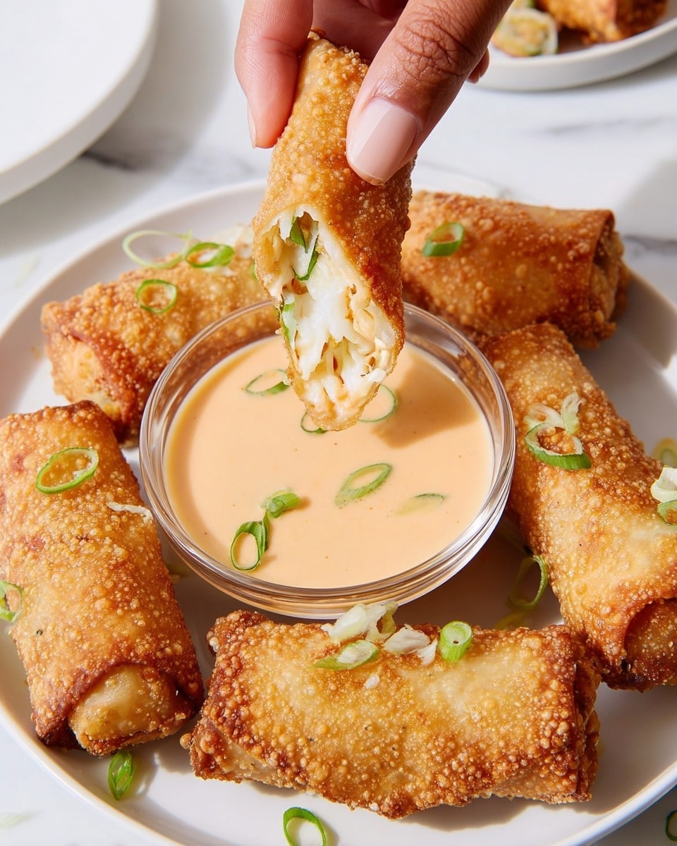 A white plate holds several golden brown crispy fried egg rolls garnished with small green onion slices. In the center, there is a clear glass bowl filled with a creamy light orange dipping sauce topped with thinly sliced green onions. A woman's hand is holding one egg roll dipped halfway into the sauce, showing its soft white filling inside the crispy outer layer. The plate is placed on a white marbled surface. photo taken with an iphone --ar 4:5 --v 7