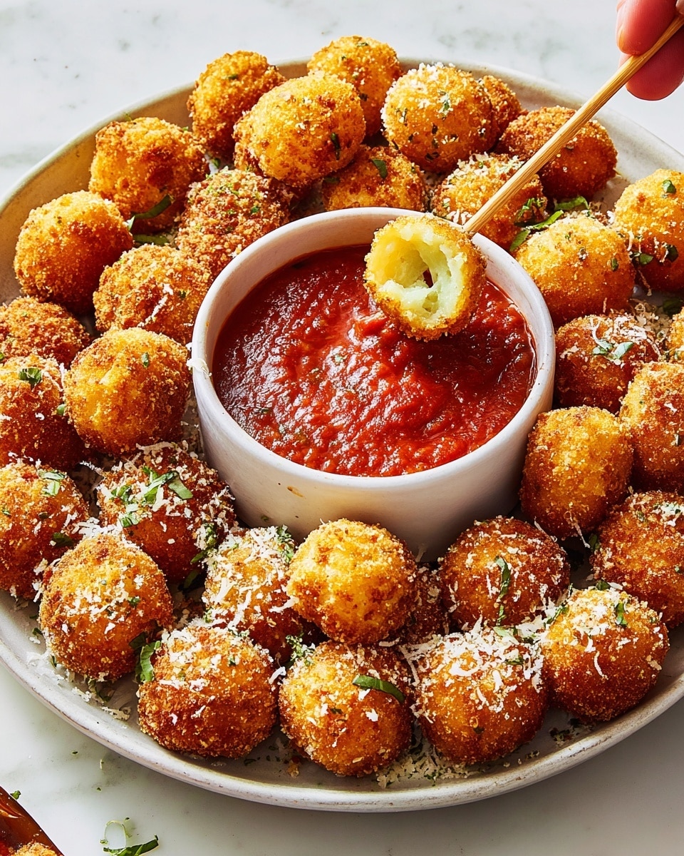 A white plate filled with golden brown, crispy gnocchi pieces, each showing a ridged texture on one side and a slightly rough crumb coating on the outside; the gnocchi are sprinkled with grated white cheese and small black pepper specks, with a silver spoon resting on the right side of the plate lifting some pieces. In the background, there is a small white bowl filled with bright red marinara sauce, all set on a white marbled surface. photo taken with an iphone --ar 4:5 --v 7