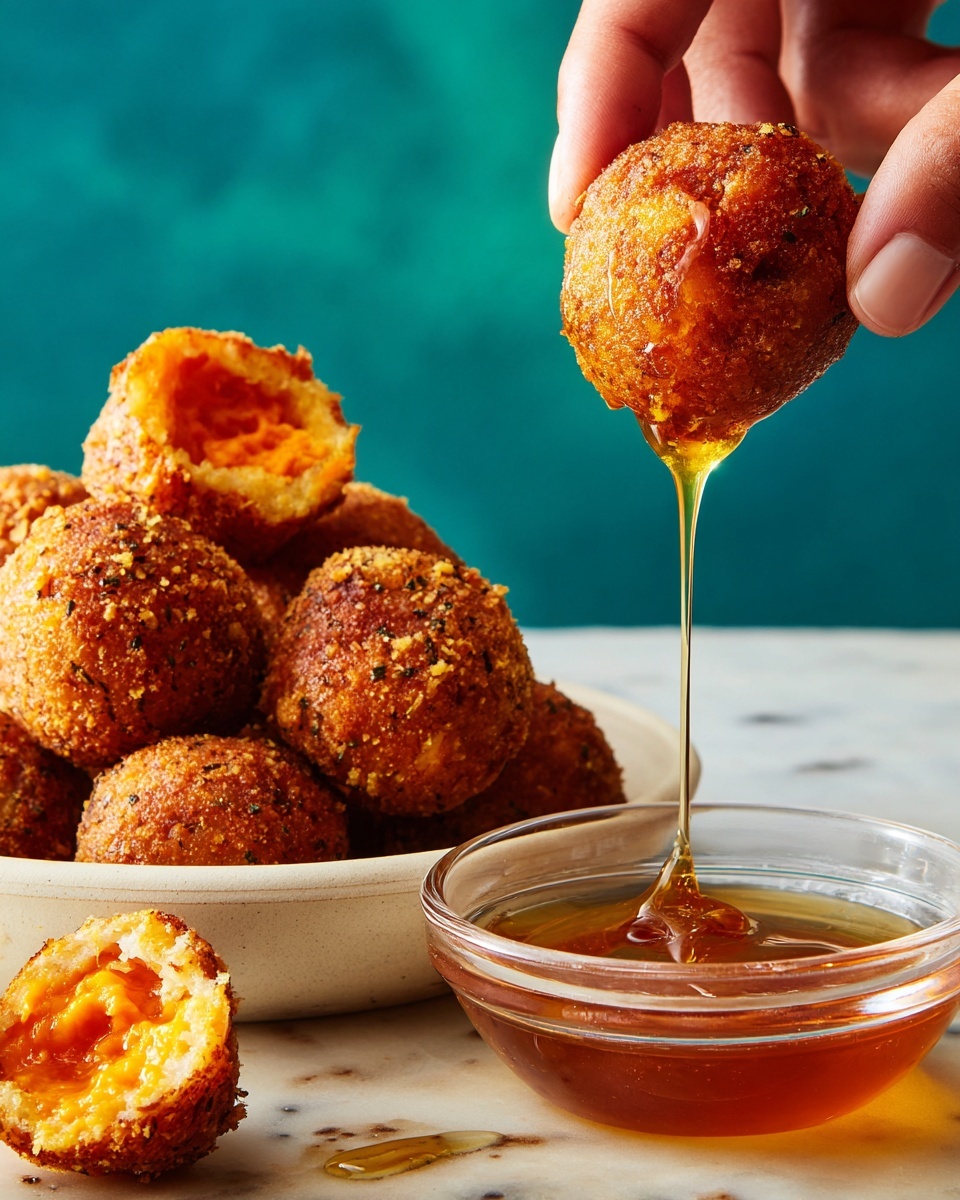 A close-up image shows a woman's hand dipping a crisp, round, golden brown fried ball into a clear bowl filled with thick amber-colored honey, which is slowly dripping from the ball. The fried ball has a crunchy textured outer layer and a visible orange filling inside from another bitten ball nearby. In the background, several more fried balls are piled in a white bowl, all with the same crunchy texture. The surface beneath everything has a white marbled texture, and the backdrop is a solid teal shade. Photo taken with an iphone --ar 4:5 --v 7