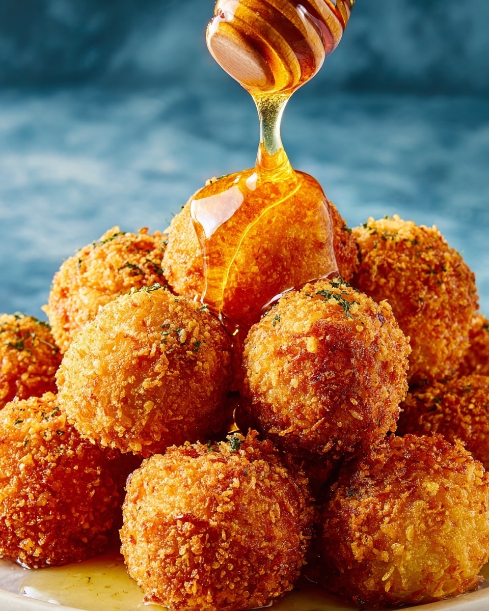 A close-up view shows a pile of crispy golden-brown balls with a rough, crunchy surface texture. A yellow-golden liquid, honey, is being poured over the top from a glass honey dipper, covering some of the balls in a shiny, sticky layer. The background is a simple blue color. The dish sits on a white marbled surface. Photo taken with an iphone --ar 4:5 --v 7