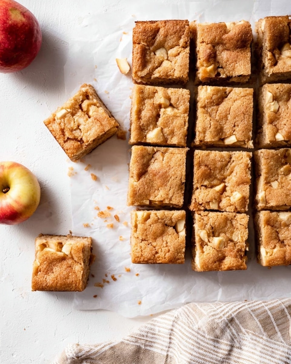 A set of 15 square light brown apple cake pieces arranged in three rows and five columns on white parchment paper over a white marbled surface, with one piece slightly moved away from the group showing its soft texture and small apple chunks inside, a few crumbs scattered around, a red and yellow apple in the bottom left corner, and a beige cloth with thin stripes in the bottom right corner, photo taken with an iphone --ar 4:5 --v 7