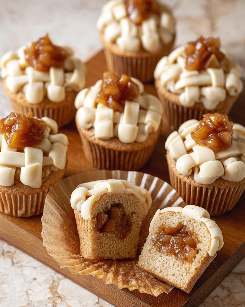 The image shows several cupcakes arranged on a wooden tray and a white marbled surface. Each cupcake has a light brown base with a soft texture. On top, there is a layer of small, glossy chunks of caramelized apple filling in a warm brown color. Around the apple topping, creamy frosting is piped in a lattice pattern or small rounded dollops, all in an off-white color. One cupcake is opened and split in half, revealing the moist light brown cake inside with the apple filling sitting on top. The overall look is warm and inviting, with a mix of smooth frosting, chunky fruit, and soft cake layers photo taken with an iphone --ar 4:5 --v 7