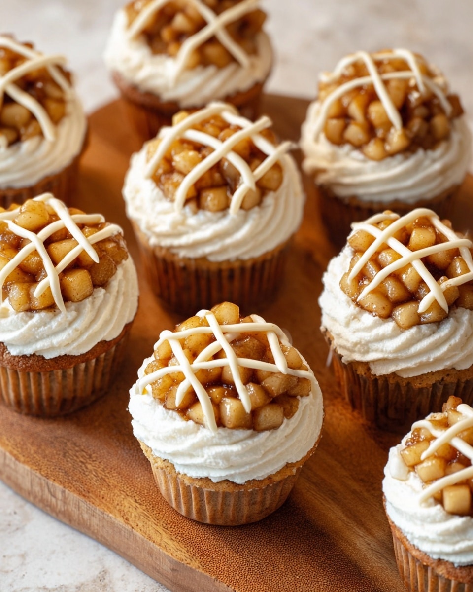 This image shows several cupcakes arranged on a wooden board over a white marbled surface. Each cupcake has three layers: the base layer is a light brown cupcake, the middle layer features a ring of white creamy frosting with a wavy texture, and inside the ring is a mound of small, shiny, golden-brown apple chunks. On some cupcakes, there is a lattice pattern of white frosting strips crossing over the apple topping. The overall look is warm and inviting with a mix of smooth and chunky textures. photo taken with an iphone --ar 4:5 --v 7