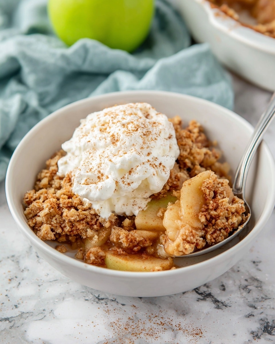A white bowl filled with a warm apple crumble showing a thick, crumbly golden-brown topping layer with a coarse texture, under which soft cooked apple slices with a light brown sauce are visible. On top of the crumble sits a generous dollop of white whipped cream sprinkled with a light dusting of cinnamon or brown spice. A silver spoon is partially inserted into the right side of the bowl, resting against the crumble. The bowl is set on a white marbled surface with a soft blue cloth and a green apple in the background. Photo taken with an iphone --ar 4:5 --v 7