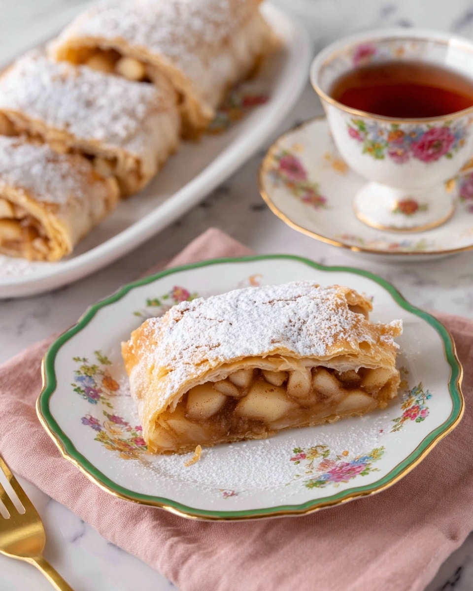 A golden brown apple strudel sliced into three pieces showing its soft inside filled with cooked apple chunks and cinnamon, all dusted with powdered sugar on top. The strudel is placed on a white plate with butterfly patterns and gold trimming. Next to it, a piece of the same strudel is on another white plate with similar butterfly designs, all set on a white marbled surface with a soft pink cloth nearby. photo taken with an iphone --ar 4:5 --v 7
