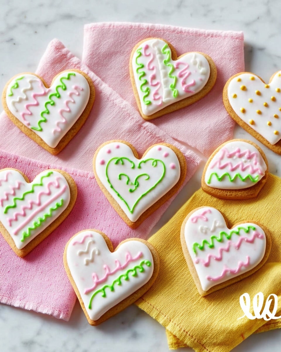 The image shows nine heart-shaped cookies arranged over pastel pink and yellow napkins on a white marbled surface. Each cookie has two layers: a thick golden-brown cookie base and a smooth, glossy white icing layer on top. The icing is decorated with delicate patterns in light pink and green, with some cookies featuring zigzag lines, others small dots, and some swirling vines, all evenly spaced and neat. The scene is bright and clean, with a soft natural light highlighting the shiny texture of the icing and the butter cookie's edges. Photo taken with an iphone --ar 4:5 --v 7