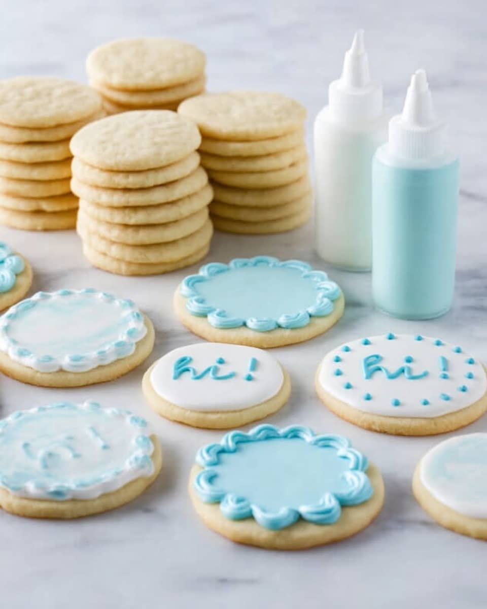 Several round sugar cookies are placed on a white marbled surface. Most of the cookies are plain and stacked in small piles in the background, showing a light golden color. In front are decorated cookies, each with a smooth layer of white or pale blue icing. Some have small blue dots, scalloped edges, or simple blue icing words like