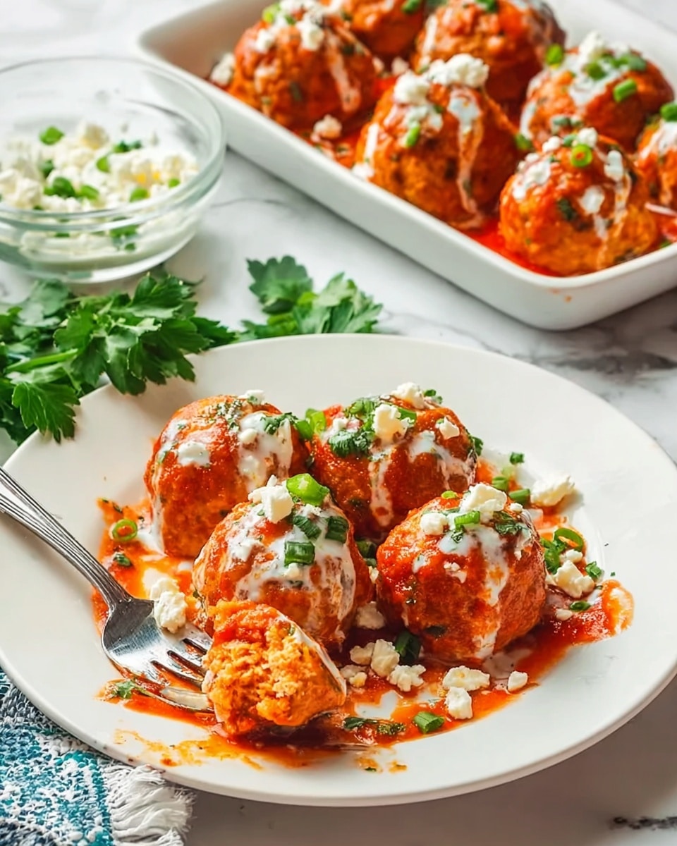 A white plate holds seven round, orange meatballs covered in bright red sauce. The meatballs are topped with white drizzled sauce and green chopped scallions. Crumbled white cheese pieces also sit on top and around the meatballs. A silver fork rests on the left side of the plate, pushing one meatball slightly. In the background, a white rectangular dish with more meatballs in the same sauce and toppings is visible. To the left, a small clear bowl filled with white sauce and some green scallions is on a white marbled surface, next to fresh green parsley leaves. Photo taken with an iphone --ar 4:5 --v 7