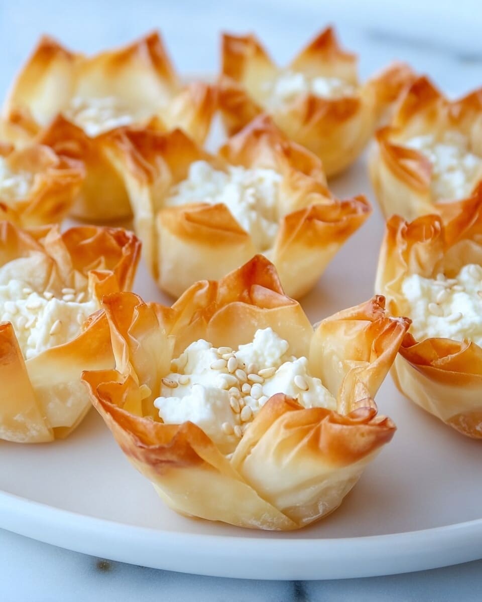The image shows several small round cups made with thin, crispy, golden-brown layers. Each cup has three to four flaky layers forming the walls, with delicate wrinkles and folds around the edges. Inside each cup, there is a soft, white, creamy block filling topped with light golden seeds and some clear syrup drizzled over. These cups are placed closely together on a large white plate, which rests on a white marbled surface. The overall look is warm and inviting with a mix of crunchy and smooth textures. photo taken with an iphone --ar 4:5 --v 7