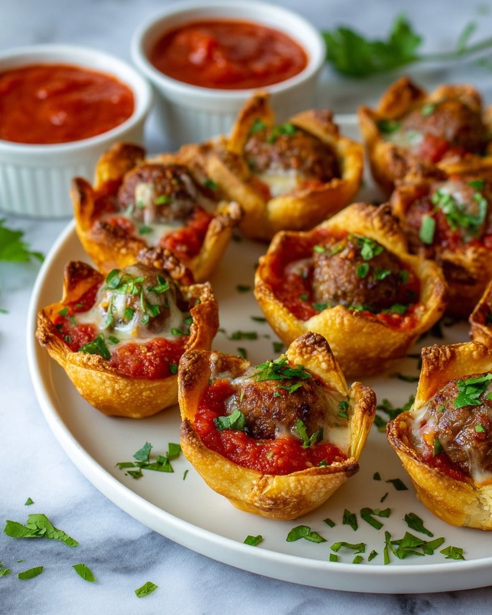 The image shows small golden-brown pastry cups shaped like little bowls, each filled with a brown meatball at the base. On top of the meatballs, there is a layer of melted light cheese and a thick bright red tomato sauce, all sprinkled with fresh, finely chopped green herbs. The pastry cups have uneven edges that curl upward, showing crisp texture and some browned spots. These cups are arranged closely together on a large white plate, with scattered green herbs on the plate for garnish. On the side of the plate, two small white bowls hold extra red tomato sauce garnished with green herbs. The background is a white marbled surface. Photo taken with an iphone --ar 4:5 --v 7