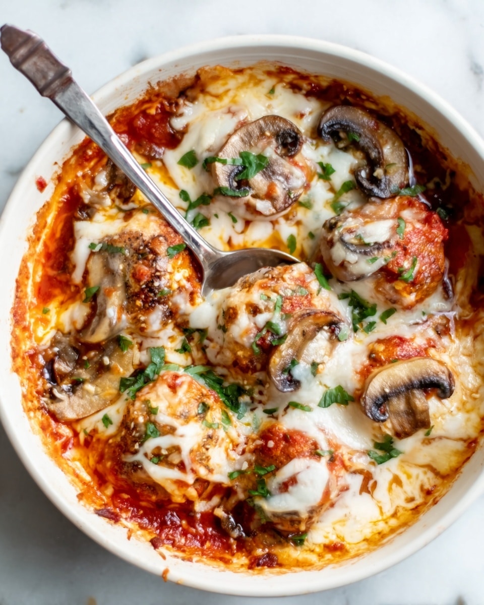 A white bowl filled with a baked dish showing four pieces covered in melted white cheese and tomato sauce, with small mushrooms scattered on top, and a silver spoon resting inside the bowl, all placed on a white marbled surface photo taken with an iphone --ar 4:5 --v 7